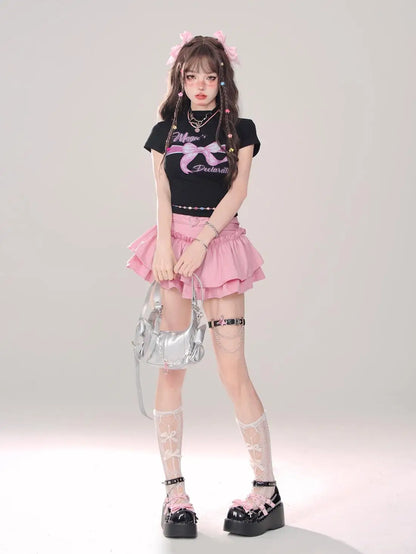 Y2K Kellykitty Japan Black Half Length Skirt Female A-word Summer Fluffy Skirt Self Cultivation Appear Thin Cake Short Pleated