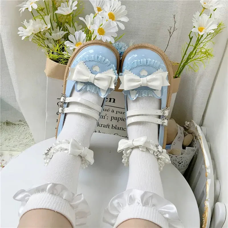 Chaussures Kawaii Lolita - Nœud Papillon et Boucle Cœur Bleu