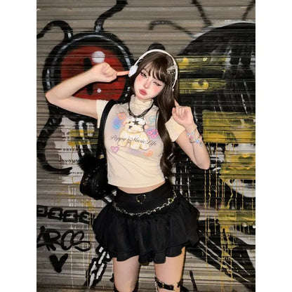 Y2K Kellykitty Japan Black Half Length Skirt Female A-word Summer Fluffy Skirt Self Cultivation Appear Thin Cake Short Pleated
