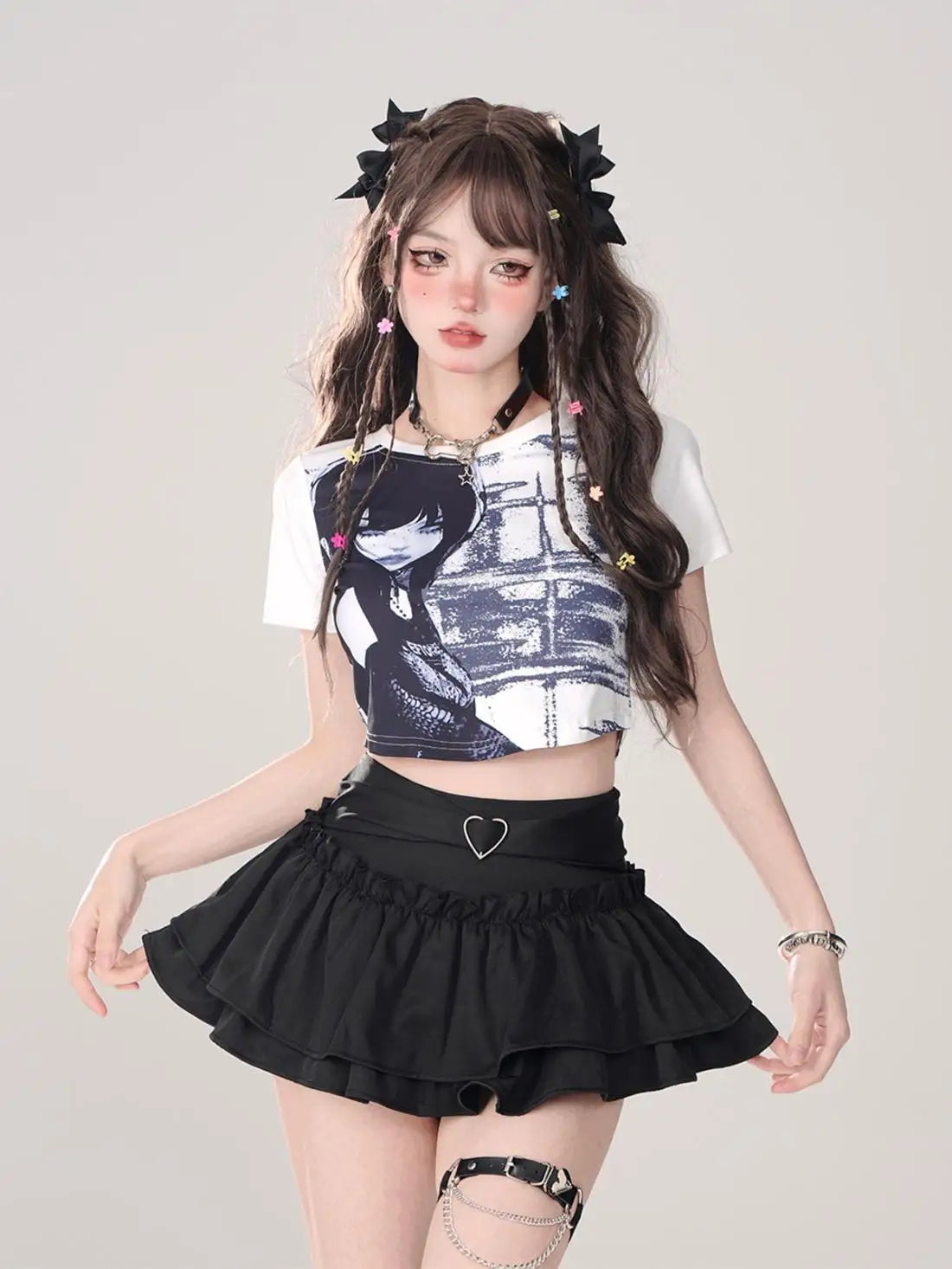 Y2K Kellykitty Japan Black Half Length Skirt Female A-word Summer Fluffy Skirt Self Cultivation Appear Thin Cake Short Pleated