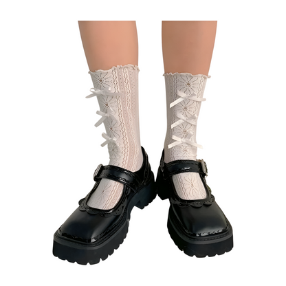 Chaussettes en Dentelle avec Nœud - Style Lolita Japonais  Univers Kawaii Blanc 2 Taille unique 