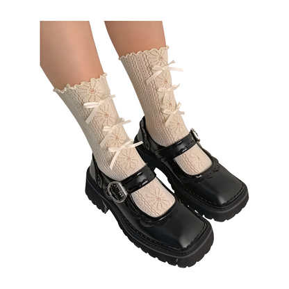 Chaussettes en Dentelle avec Nœud - Style Lolita Japonais  Univers Kawaii Beige 2 Taille unique 