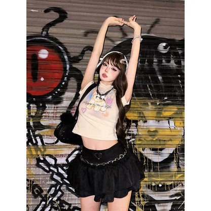 Y2K Kellykitty Japan Black Half Length Skirt Female A-word Summer Fluffy Skirt Self Cultivation Appear Thin Cake Short Pleated