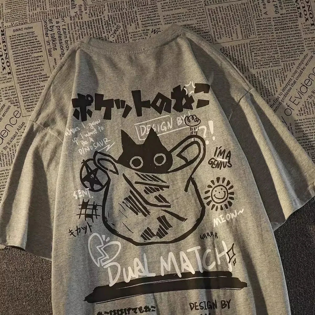 Summer Japanese Retro Pocket Cat Cartoon Printed Short Sleeve T-shirt Male Female Couples Unisex College Style Oversized Top GRAY