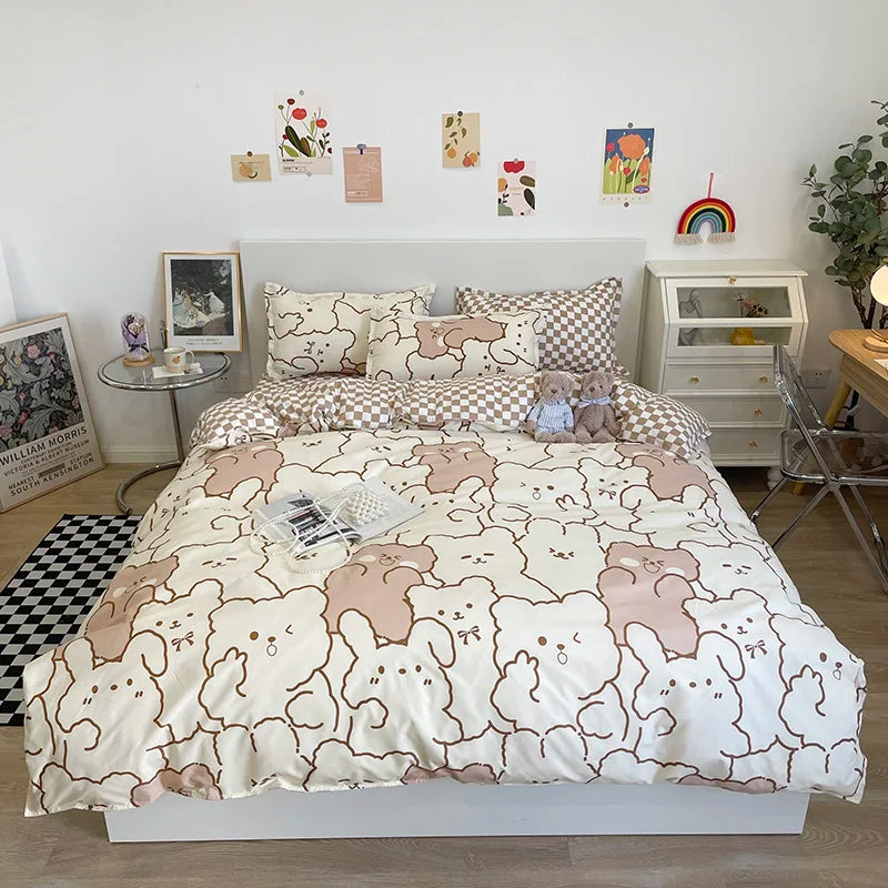 Parure de Lit Kawaii Ours et Fleurs - Housse de Couette + Taies & Drap