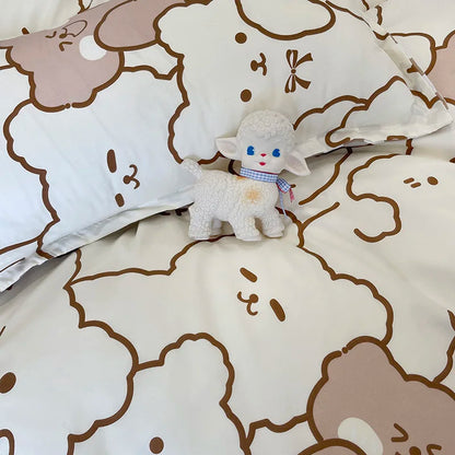 Parure de Lit Kawaii Ours et Fleurs - Housse de Couette + Taies & Drap