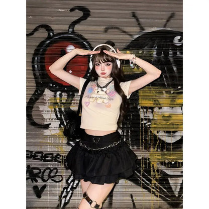 Y2K Kellykitty Japan Black Half Length Skirt Female A-word Summer Fluffy Skirt Self Cultivation Appear Thin Cake Short Pleated