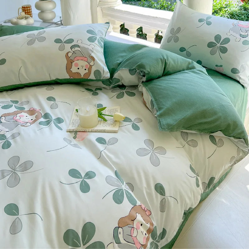 Parure de Lit Kawaii Ours et Fleurs - Housse de Couette + Taies & Drap