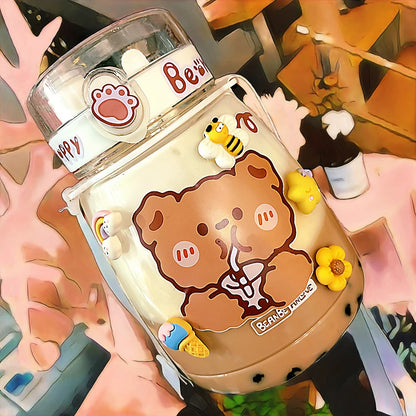 Gourde Kawaii Jumbo Ours 1300ML - Bouteille avec Paille et Stickers 3D