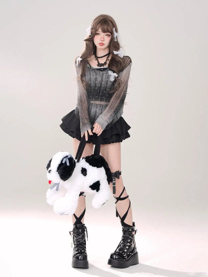 Y2K Kellykitty Japan Black Half Length Skirt Female A-word Summer Fluffy Skirt Self Cultivation Appear Thin Cake Short Pleated